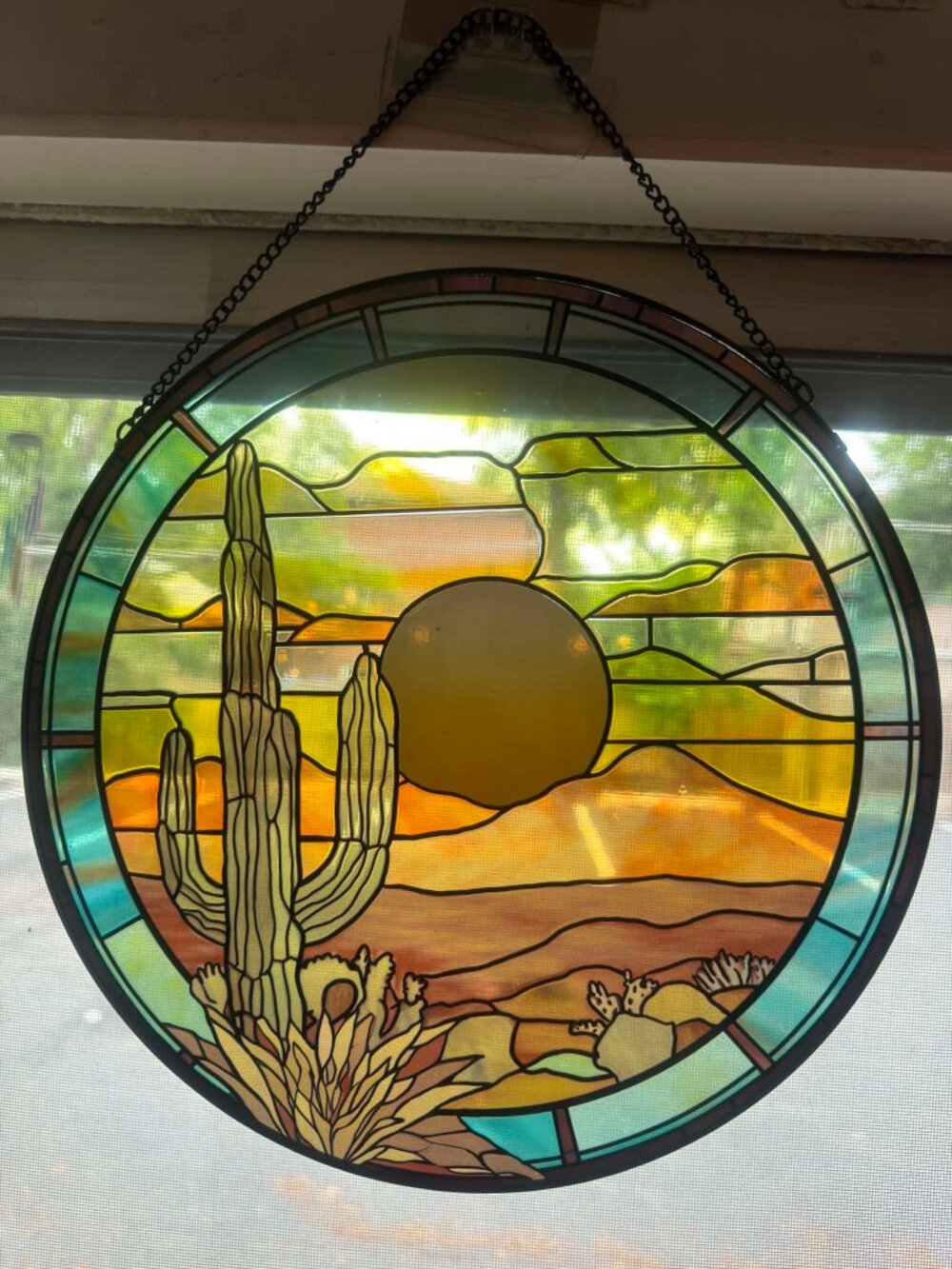 Brand New Stained Glass Desert Landscape Suncatcher | 12" Round Window Hanging